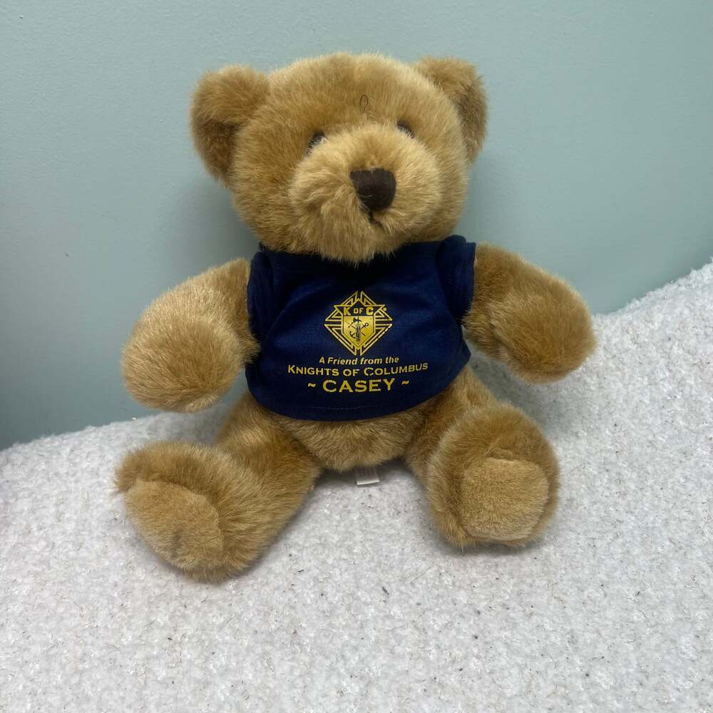 Casey Knights of Columbus 8" Teddy Bear Blue Knit Shirt Gold Logo Stuffy Plush